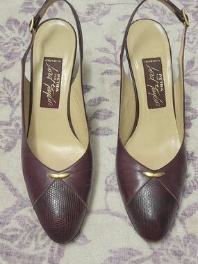 Lord & Taylor Burgundy Leather Slingback Mules with Gold Accent